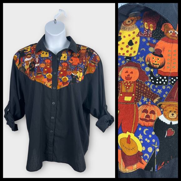 Vintage Tap & Co Women's Black Western Halloween Fall Print Blouse 20W 2X/3X - Picture 1 of 8